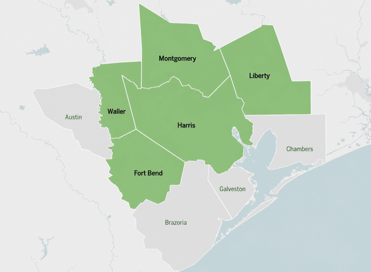 Quick Flow Septic service-area map — Harris, Montgomery, Fort Bend, Waller, Liberty counties in Texas